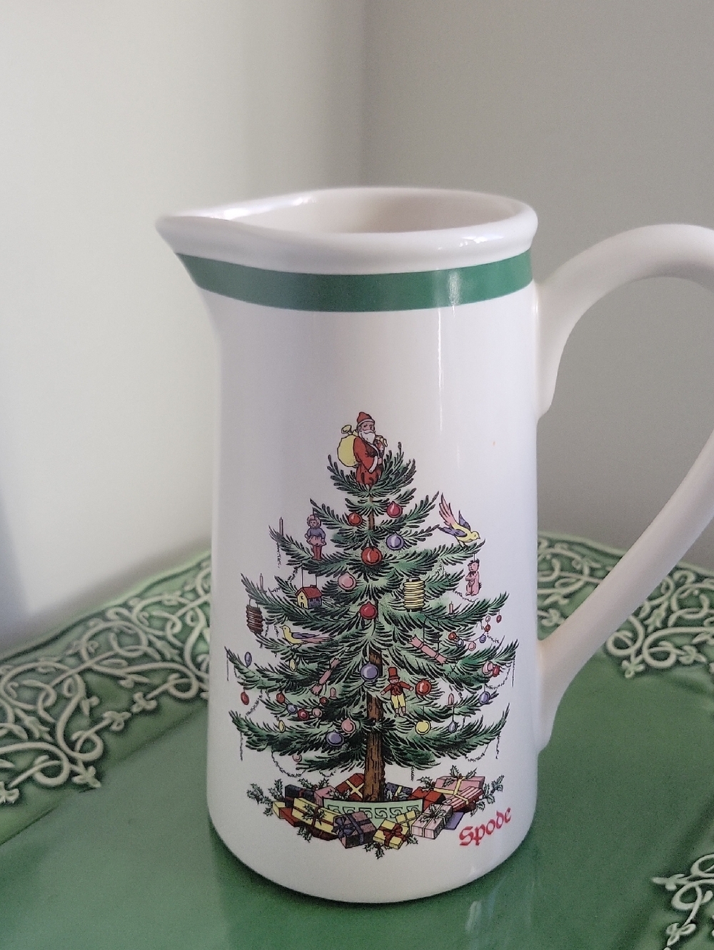 Spode White Ceramic Holiday Pitcher with Green Trim and Tree Motif